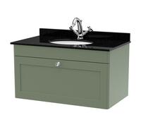nuie CLC896BR1 Classique Wall Hung 1 Drawer Unit & 1 Tap Hole Marble Worktop with Round Basin, 800mm, Satin Green/Black