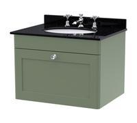 Nuie Classique Wall Hung Single Drawer Vanity Unit with Black Marble Countertop and Round Basin with 3 Tap Holes | Satin Green | MDF | 600mm