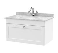 Nuie Classique Wall Hung Single Drawer Vanity Unit with Grey Marble Countertop and Round Basin with 1 Tap Hole | Satin White | MFC | 800mm