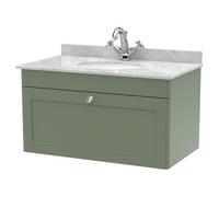 Nuie Classique Wall Hung Single Drawer Vanity Unit with Grey Marble Countertop and Round Basin with 1 Tap Hole | Satin Green | MDF | 800mm