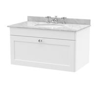 nuie 800mm Wall Hung 1 Drawer Vanity & Marble Top 3TH - Satin White, White