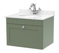 Nuie Classique Single Drawer Wall Hung Vanity Unit and White Marble Top with Round Basin and 1 Tap Hole | Satin Green | 600mm