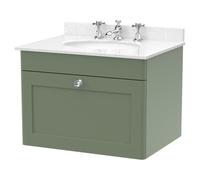 Nuie Classique Wall Hung Single Drawer Vanity Unit with White Marble Countertop and Round Basin with 3 Tap Holes | Satin Green | MDF | 600mm