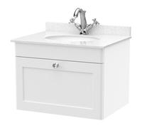 Nuie Classique Wall Hung Single Drawer Vanity Unit with White Marble Countertop and Round Basin with 1 Tap Hole | Satin White | MFC | 600mm
