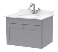 Nuie Classique Wall Hung Single Drawer Vanity Unit with White Marble Countertop and Round Basin with 1 Tap Hole | Satin Grey | MFC | 600mm