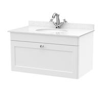 Nuie Classique Wall Hung Single Drawer Vanity Unit with White Marble Countertop and Round Basin with 1 Tap Hole | Satin White | MFC | 800mm