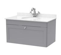 Nuie Classique Wall Hung Single Drawer Vanity Unit with White Marble Countertop and Round Basin with 1 Tap Hole | Satin Grey | MFC | 800mm