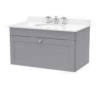 Nuie Classique Wall Hung Single Drawer Vanity Unit with White Marble Countertop and Round Basin with 3 Tap Holes | Satin Grey | MDF | 800mm