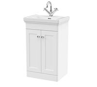 nuie CLC123A Classique Traditional Bathroom Floor Standing 2 Door Vanity Basin Unit with 1 Tap Hole Fireclay Basin, 500mm, Satin White