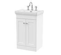 nuie CLC123B Classique Traditional Bathroom Floor Standing 2 Door Vanity Unit with 3 Tap Hole Fireclay Basin, 500mm, Satin White