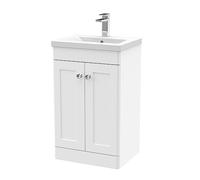 nuie CLC123D Classique Traditional Bathroom Floor Standing 2 Door Unit & Mid-Edge Ceramic Basin, 500mm, Satin White