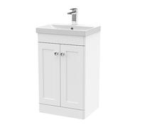 nuie CLC123E Classique Traditional Bathroom Floor Standing 2 Door Unit & Thin-Edge Ceramic Basin, 500mm, Satin White