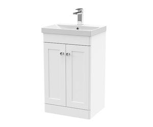 nuie CLC123E Classique Traditional Bathroom Floor Standing 2 Door Unit & Thin-Edge Ceramic Basin, 500mm, Satin White