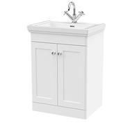 nuie CLC125A Classique Traditional Bathroom Floor Standing 2 Door Vanity Unit with 1 Tap Hole Fireclay Basin, 600mm, Satin White