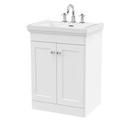 nuie CLC125B Classique Traditional Bathroom Floor Standing 2 Door Vanity Unit with 3 Tap Hole Fireclay Basin, 600mm, Satin White