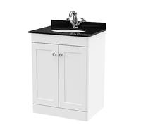 nuie CLC125BR1 Classique Traditional Bathroom Floor Standing 2 Door Unit & 1 Tap Hole Marble Worktop with Round Basin, 600mm, Satin White/Black