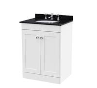 nuie CLC125BR3 Classique Traditional Bathroom Floor Standing 2 Door Unit & 3 Tap Hole Marble Worktop with Round Basin, 600mm, Satin White/Black