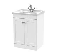 nuie CLC125F Classique Traditional Bathroom Floor Standing 2 Door Vanity Unit & 1 Tap Hole Ceramic Basin, 600mm, Satin White
