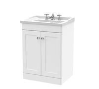 nuie CLC125G Classique Traditional Bathroom Floor Standing 2 Door Vanity Unit & 3 Tap Hole Ceramic Basin, 600mm, Satin White