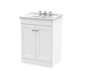nuie CLC125G Classique Traditional Bathroom Floor Standing 2 Door Vanity Unit & 3 Tap Hole Ceramic Basin, 600mm, Satin White