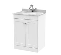 nuie CLC125GR1 Classique Traditional Bathroom Floor Standing 2 Door Unit & 1 Tap Hole Marble Worktop with Round Basin, 600mm, Satin White/Grey