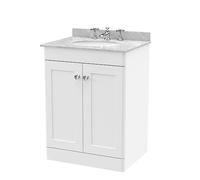 nuie CLC125GR3 Classique Traditional Bathroom Floor Standing 2 Door Unit & 3 Tap Hole Marble Worktop with Round Basin, 600mm, Satin White/Grey