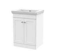 nuie CLC125H Classique Traditional Bathroom Floor Standing 2 Door Vanity Unit & 0 Tap Hole Fireclay Basin, 600mm, Satin White
