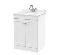 nuie CLC125WR1 Classique Floor Standing 2 Door Unit & 1 Tap Hole Marble Worktop with Round Basin, 600mm, Satin White