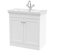 nuie CLC126A Classique Traditional Bathroom Floor Standing 2 Door Vanity Basin Unit with 1 Tap Hole Fireclay Basin, 800mm, Satin White