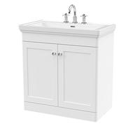 nuie CLC126B Classique Traditional Bathroom Floor Standing 2 Door Vanity Unit with 3 Tap Hole Fireclay Basin, 800mm, Satin White