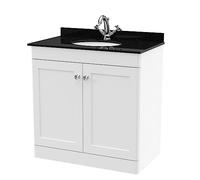 nuie CLC126BR1 Classique Floor Standing 2 Door Unit & 1 Tap Hole Marble Worktop with Round Basin, 800mm, Satin White/Black