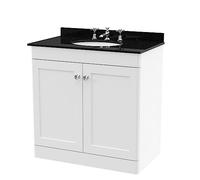 nuie CLC126BR3 Classique Floor Standing 2 Door Unit & 3 Tap Hole Marble Worktop with Round Basin, 800mm, Satin White/Black