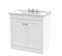 Nuie Classique 2 Door Floor Standing Vanity Unit and 35mm Profile Traditional Basin with 3 Tap Holes | Satin White | 800mm