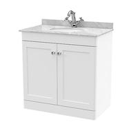 nuie CLC126GR1 Classique Floor Standing 2 Door Unit & 1 Tap Hole Marble Worktop with Round Basin, 800mm, Satin White/Grey