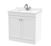 nuie CLC126WS1 Classique Floor Standing 2 Door Unit & 1 Tap Hole Marble Worktop with Square Basin, 800mm, Satin White