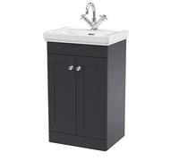nuie CLC1423A Classique Traditional Bathroom Floor Standing 2 Door Vanity Unit with 1 Tap Hole Fireclay Basin, 500mm, Soft Black