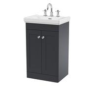 nuie CLC1423B Classique Traditional Bathroom Floor Standing 2 Door Vanity Basin Unit with 3 Tap Hole Fireclay Basin, 500mm, Soft Black
