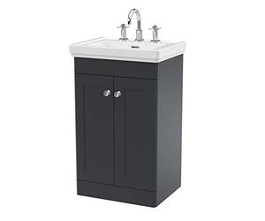 nuie CLC1423B Classique Traditional Bathroom Floor Standing 2 Door Vanity Basin Unit with 3 Tap Hole Fireclay Basin, 500mm, Soft Black