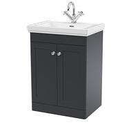 nuie CLC1425A Classique Traditional Bathroom Floor Standing 2 Door Vanity Unit with 1 Tap Hole Fireclay Basin, 600mm, Soft Black