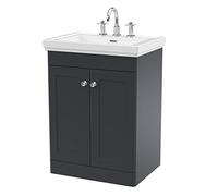 nuie CLC1425B Classique Traditional Bathroom Floor Standing 2 Door Vanity Unit with 3 Tap Hole Fireclay Basin, 600mm, Soft Black