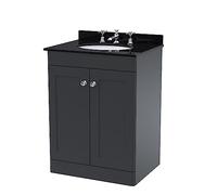 nuie CLC1425BR3 Classique Floor Standing 2 Door Unit & 3 Tap Hole Marble Worktop with Round Basin, 600mm, Soft Black