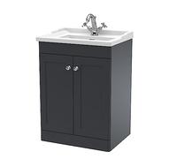 nuie CLC1425F Classique Traditional Bathroom Floor Standing 2 Door Vanity Unit & 1 Tap Hole Ceramic Basin, 600mm, Soft Black