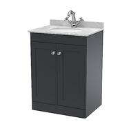nuie CLC1425GR1 Classique Traditional Bathroom Floor Standing 2 Door Unit & 1 Tap Hole Marble Worktop with Round Basin, 600mm, Soft Black/Grey