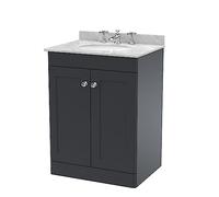 nuie CLC1425GR3 Classique Floor Standing 2 Door Unit & 3 Tap Hole Marble Worktop with Round Basin, 600mm, Soft Black/Grey