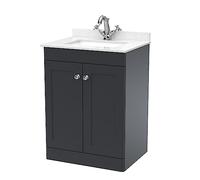 nuie CLC1425WS1 Classique Traditional Bathroom Floor Standing 2 Door Unit & 1 Tap Hole Marble Worktop with Square Basin, 600mm, Soft Black/White