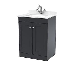 nuie CLC1425WS1 Classique Traditional Bathroom Floor Standing 2 Door Unit & 1 Tap Hole Marble Worktop with Square Basin, 600mm, Soft Black/White