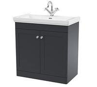 nuie CLC1426A Classique Traditional Bathroom Floor Standing 2 Door Vanity Basin Unit with 1 Tap Hole Fireclay Basin, 800mm, Soft Black