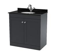 nuie CLC1426BR1 Classique Floor Standing 2 Door Unit & 1 Tap Hole Marble Worktop with Round Basin, 800mm, Satin Anthracite, Soft Black