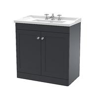 nuie CLC1426G Classique Traditional Bathroom Floor Standing 2 Door Vanity Unit & 3 Tap Hole Ceramic Basin, 800mm, Soft Black