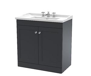 nuie CLC1426G Classique Traditional Bathroom Floor Standing 2 Door Vanity Unit & 3 Tap Hole Ceramic Basin, 800mm, Soft Black